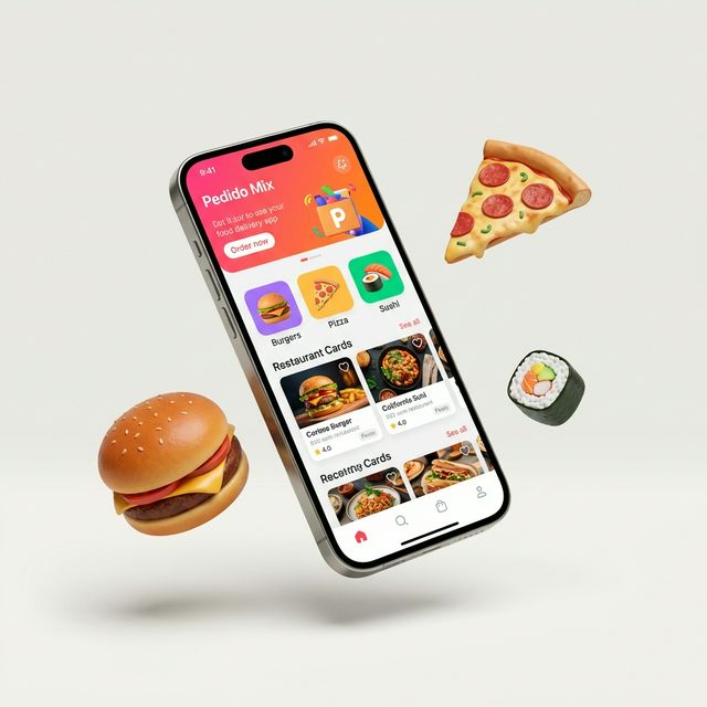 App Pedido Mix em um smartphone mostrando restaurantes e opções de delivery